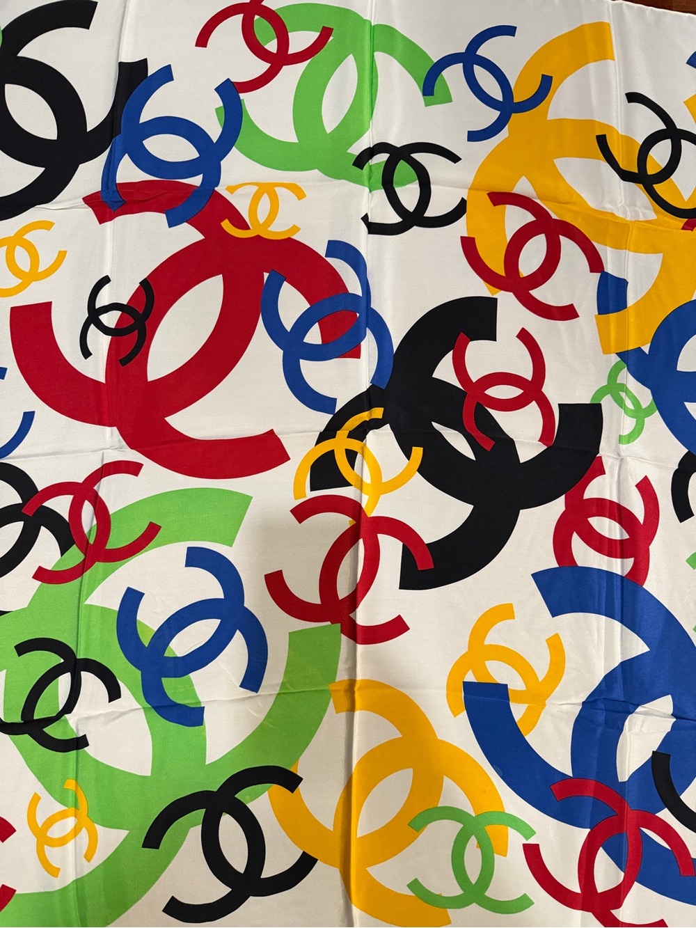 CHANEL Multicolor CC Logo Silk Scarf - White, Red, Blue, Yellow, Green, Black - Picture 3 of 8